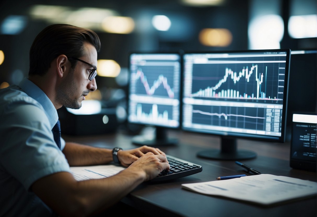A person studying stock charts, graphs, and financial data for trading decisions