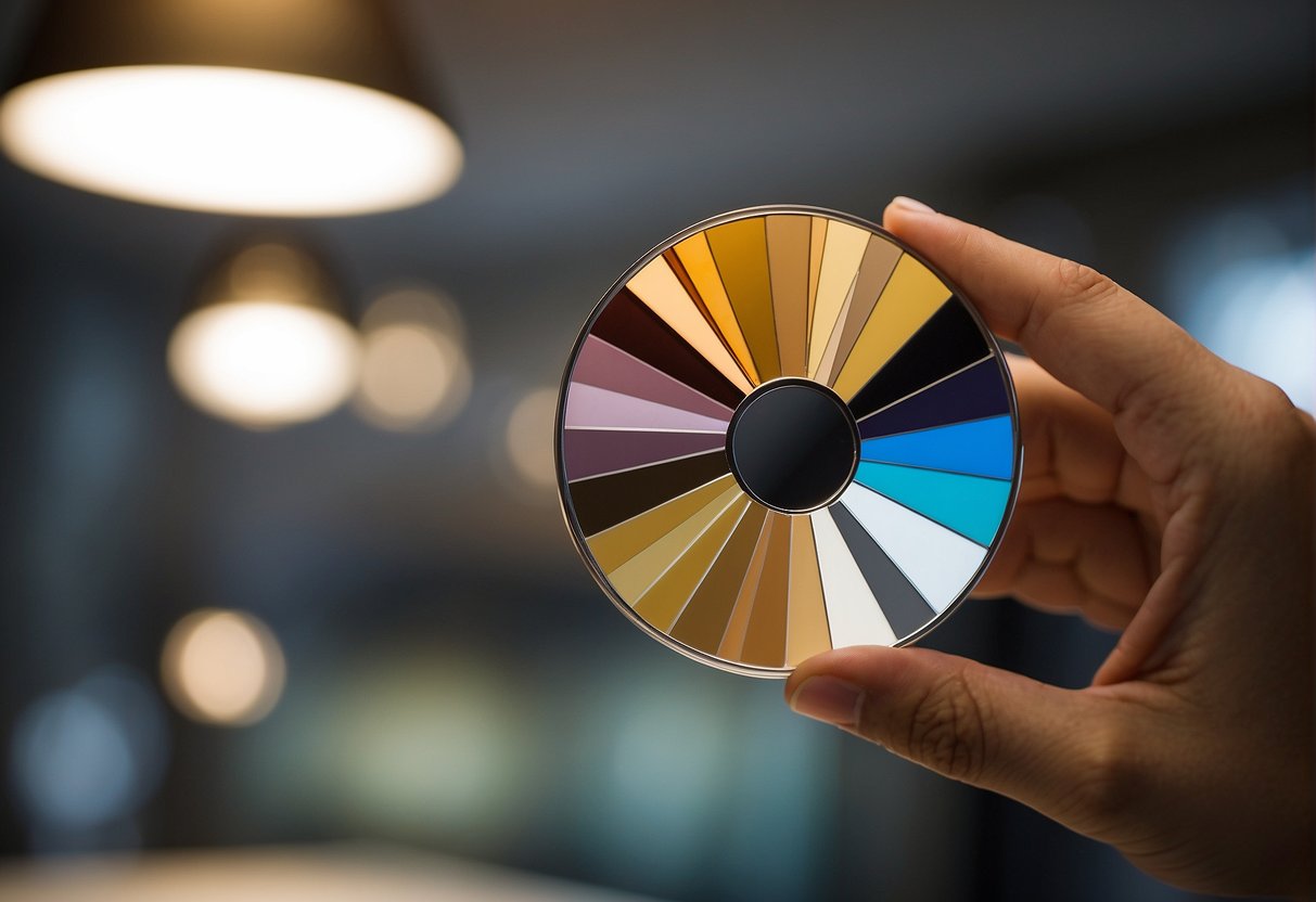 A mirror reflects various hair color swatches, with a person's hand holding up different shades next to their head