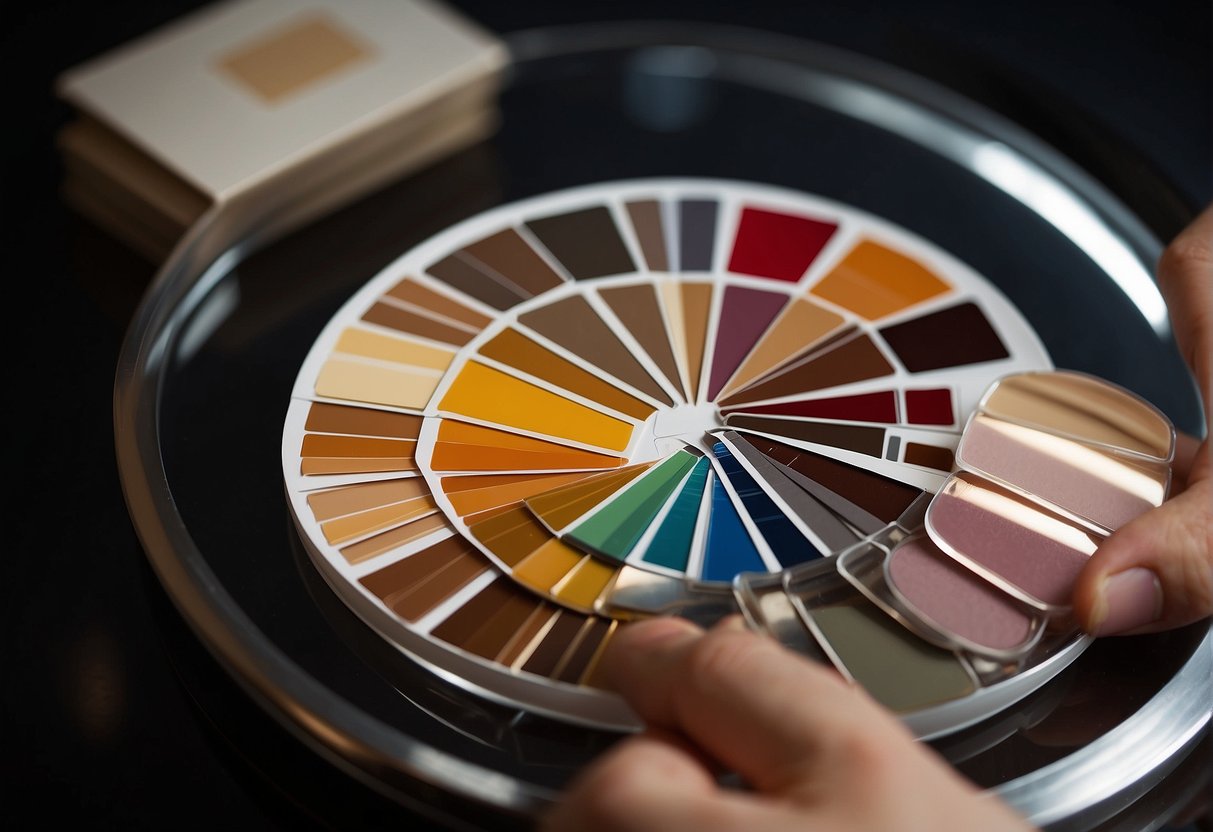 A color swatch held up to a mirror, reflecting a person's skin tone and eye color. Hair color samples are laid out on a table for comparison
