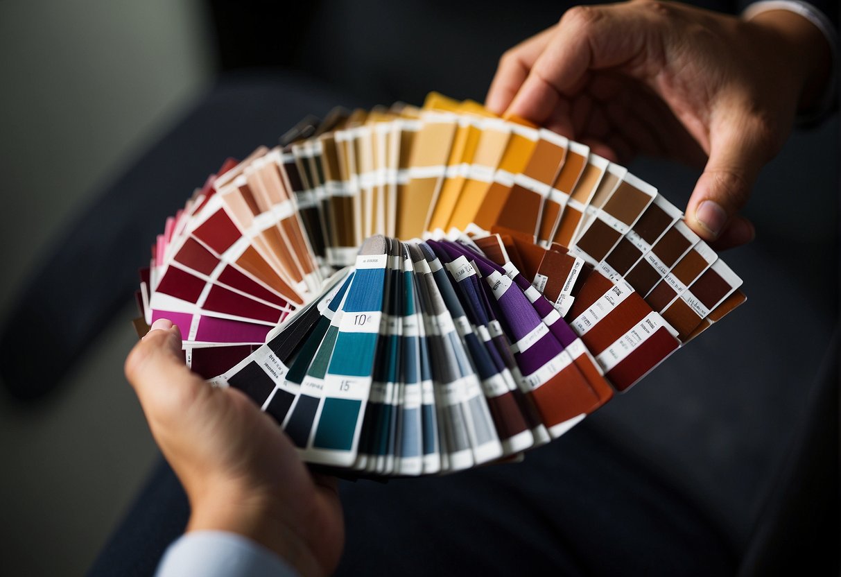 A person holding up different hair color swatches, examining them closely to determine their ideal hair color