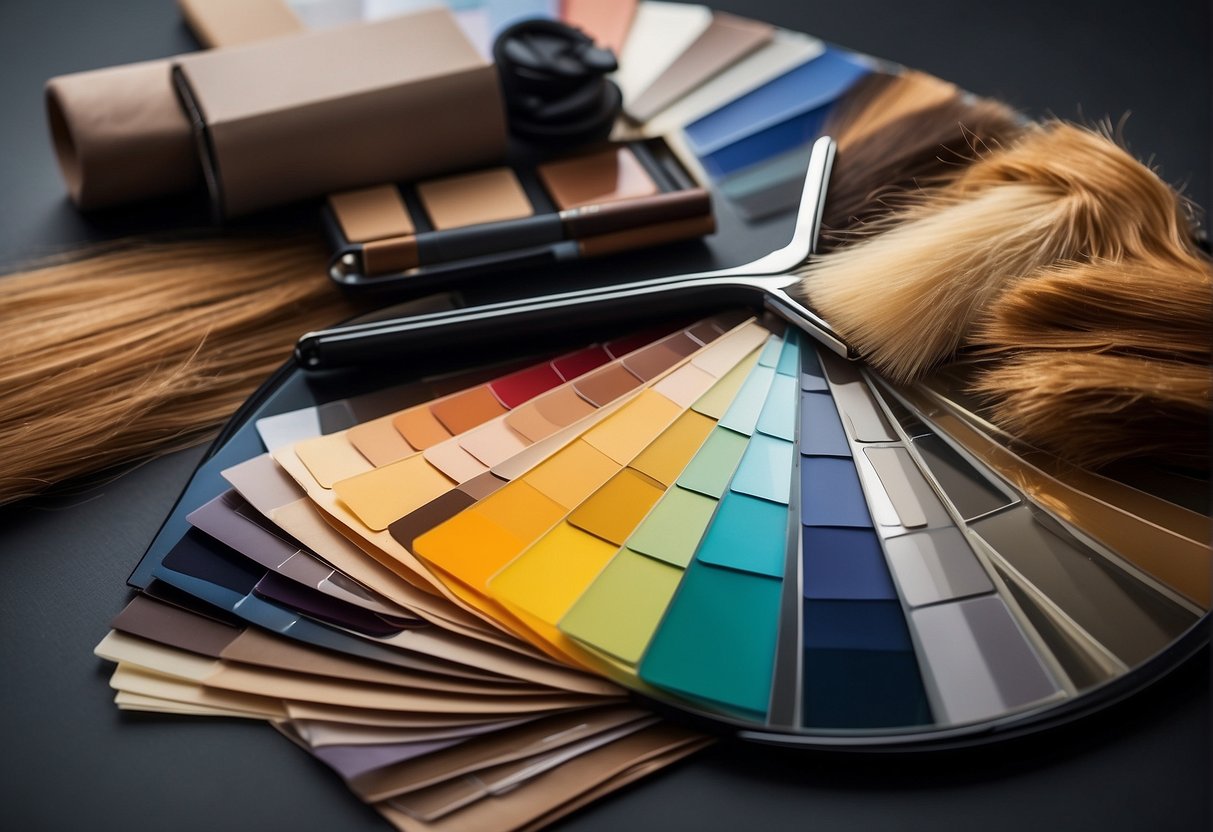 A color palette with various hair swatches and a mirror for self-assessment