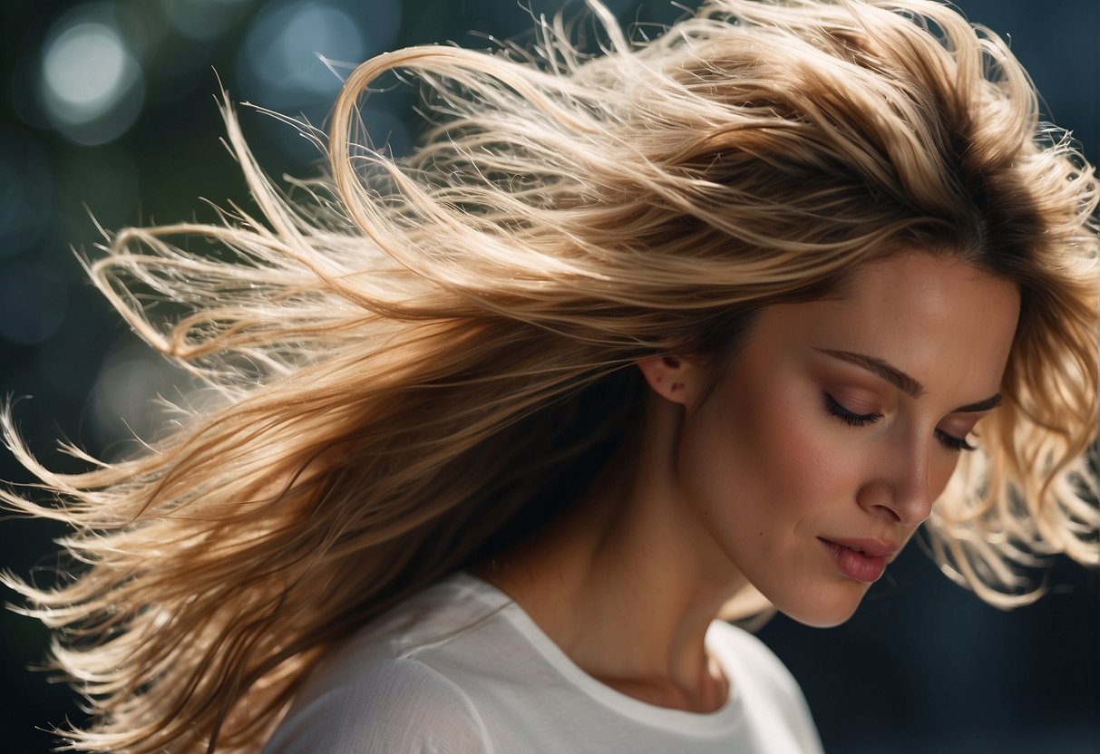 A woman's hair billows out in a voluminous cascade, with strands appearing full and luscious