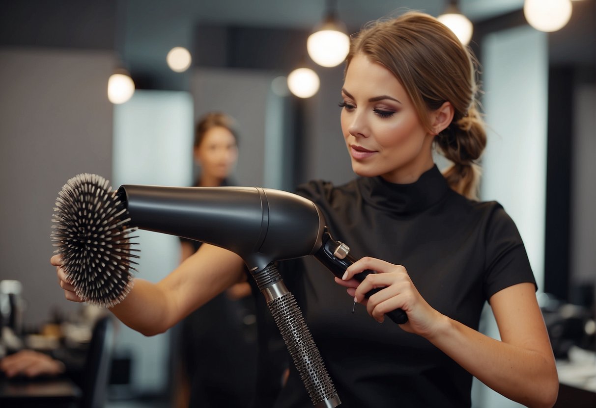 A stylist uses a round brush and blow dryer to lift and volumize hair while cutting and styling
