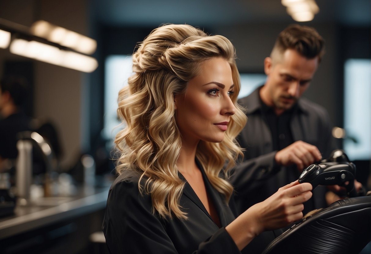 A woman's hair being styled with volumizing products and tools