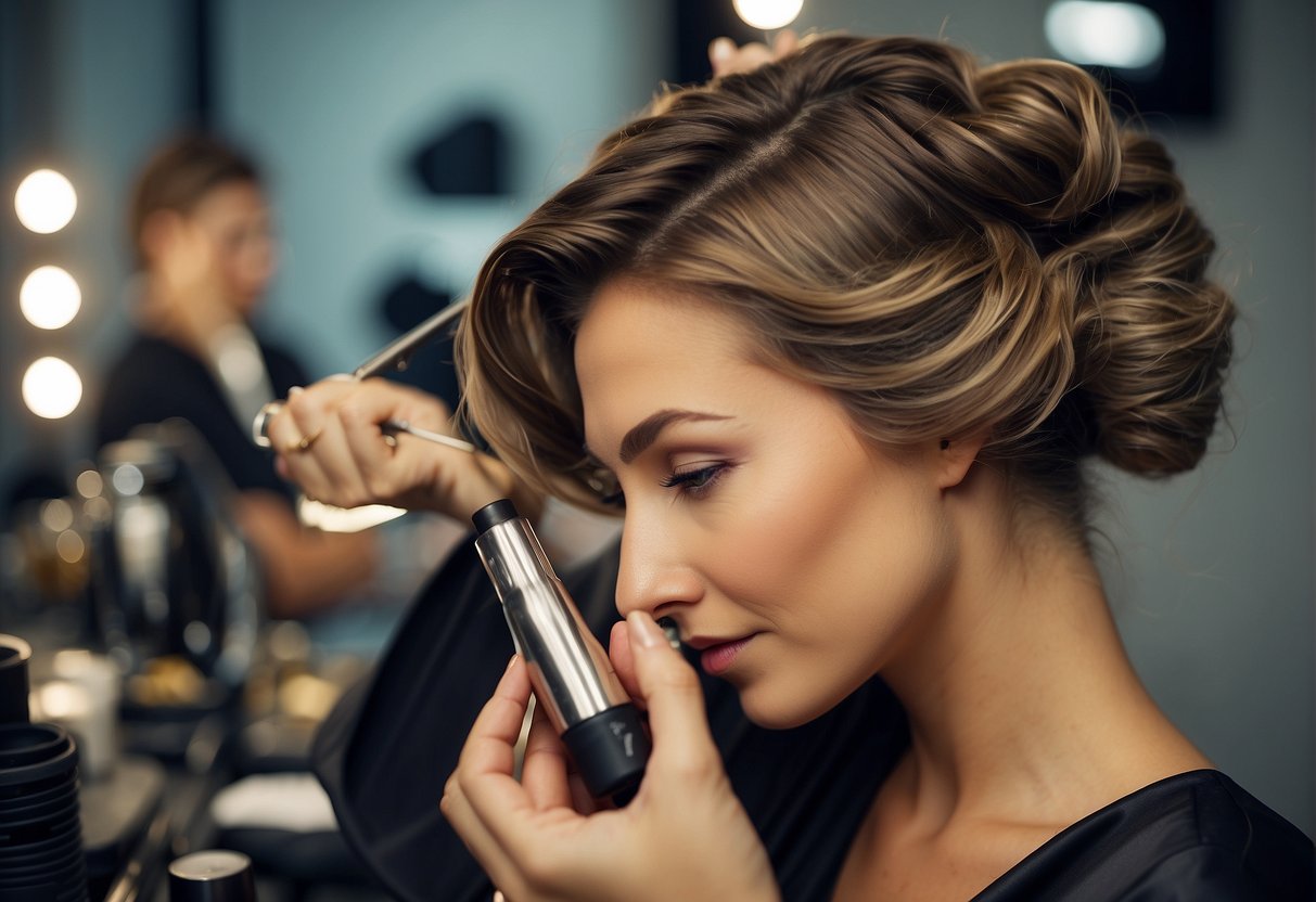 A woman's hair being styled with volumizing products and tools
