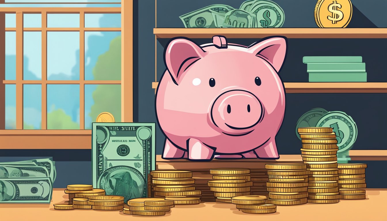 A piggy bank sits on a shelf, surrounded by stacks of coins and dollar bills. A chart showing increasing savings balances is displayed in the background