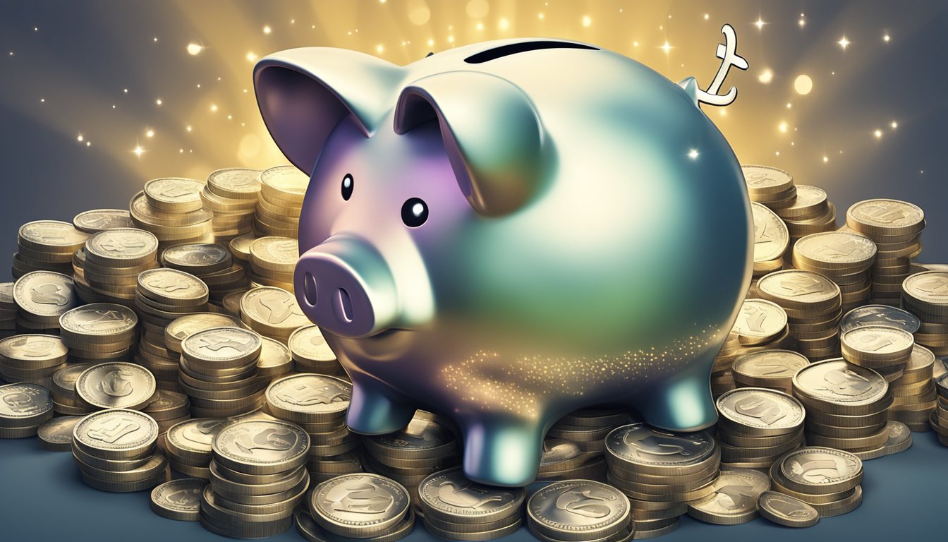 A piggy bank with a dollar sign on its side, surrounded by stacks of coins and dollar bills, with a bright spotlight shining on it