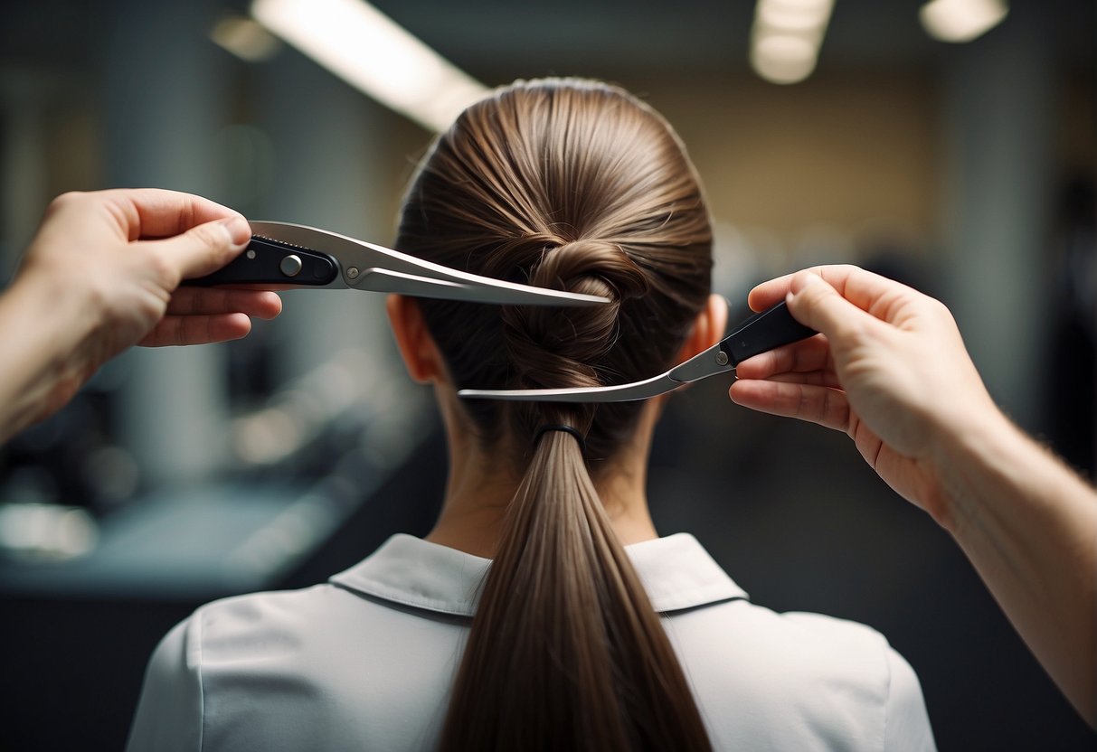 A pair of scissors cutting a long ponytail of hair over a clean surface