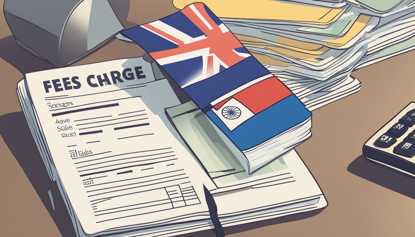 A stack of bills with a "Fees and Charges" label, a bonus saver account book, and a Singaporean flag in the background