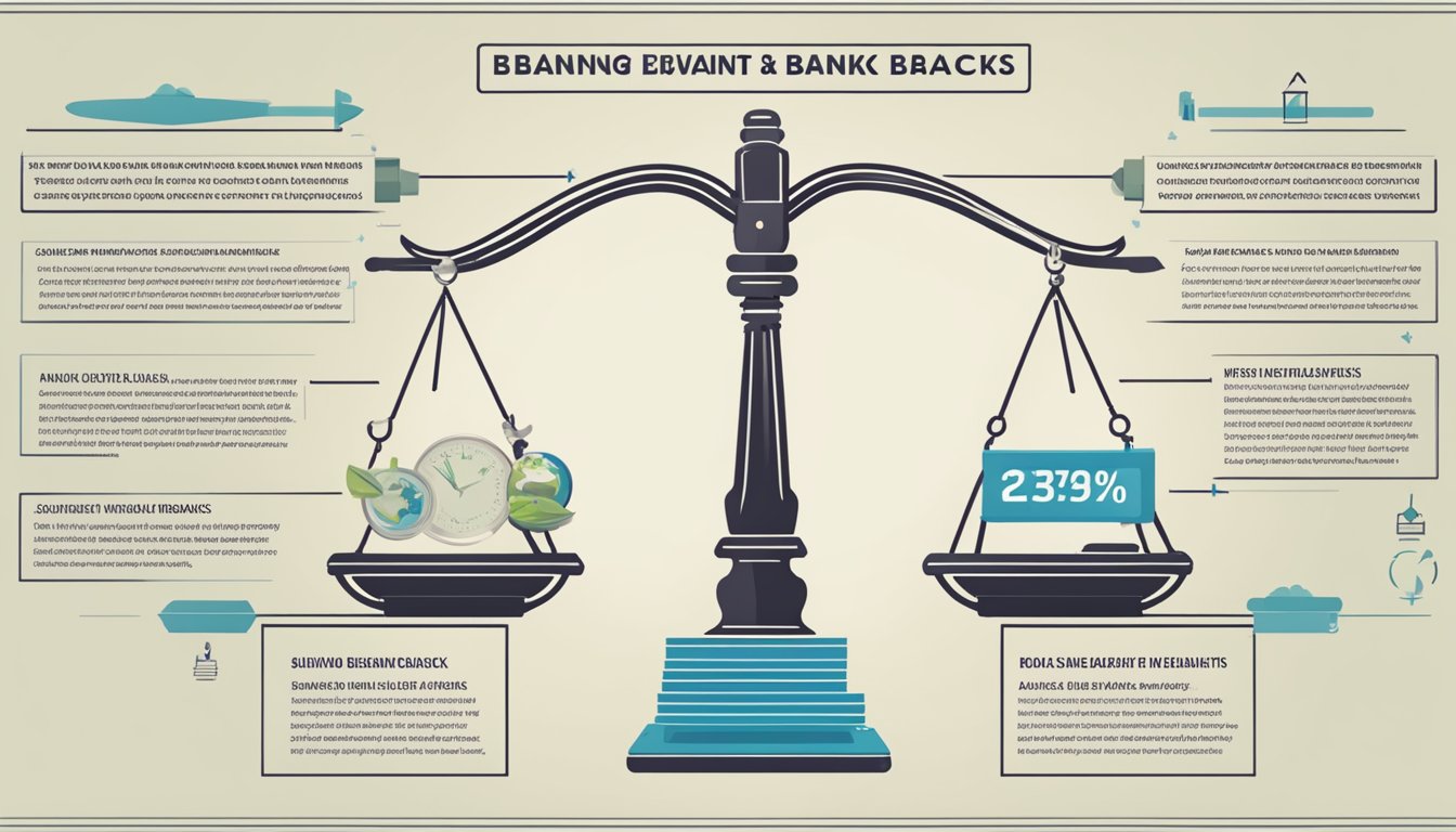 A scale balancing rewards and drawbacks, with a bank logo on one side and a list of benefits on the other