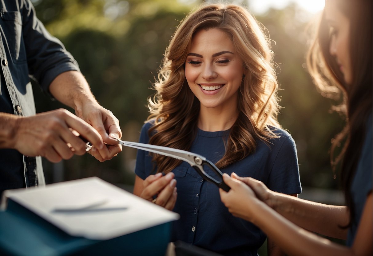A person cutting their long hair with scissors, placing it in a donation envelope, and smiling with a sense of fulfillment