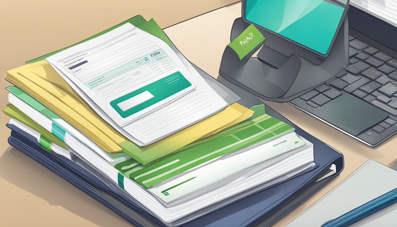 A stack of FAQ documents with "Stanchart Bonus Saver Singapore" prominently displayed on the cover, surrounded by a computer, pen, and notepad