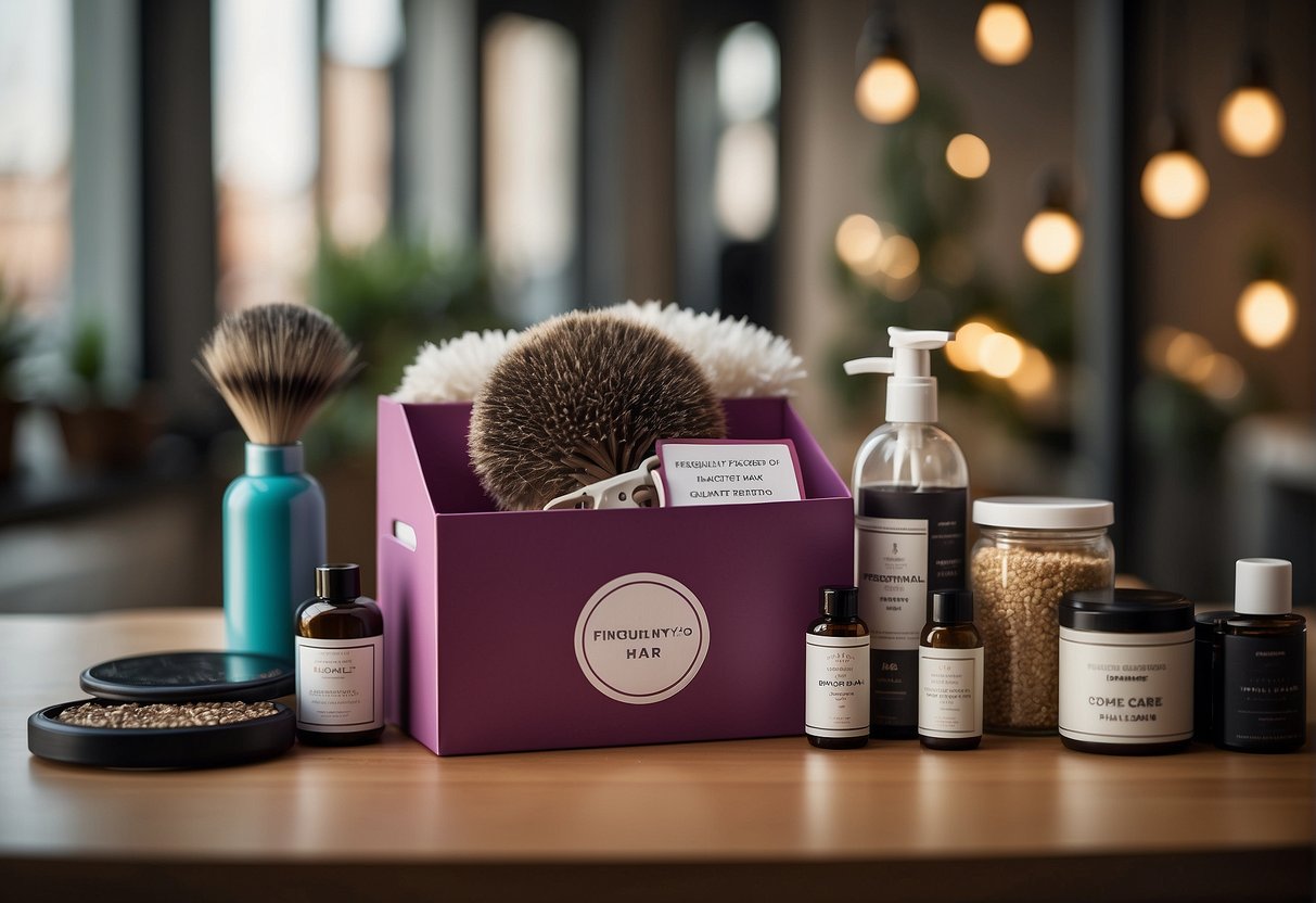 A donation box with a sign reading "Frequently Asked Questions: How to donate hair" surrounded by hair care products and scissors