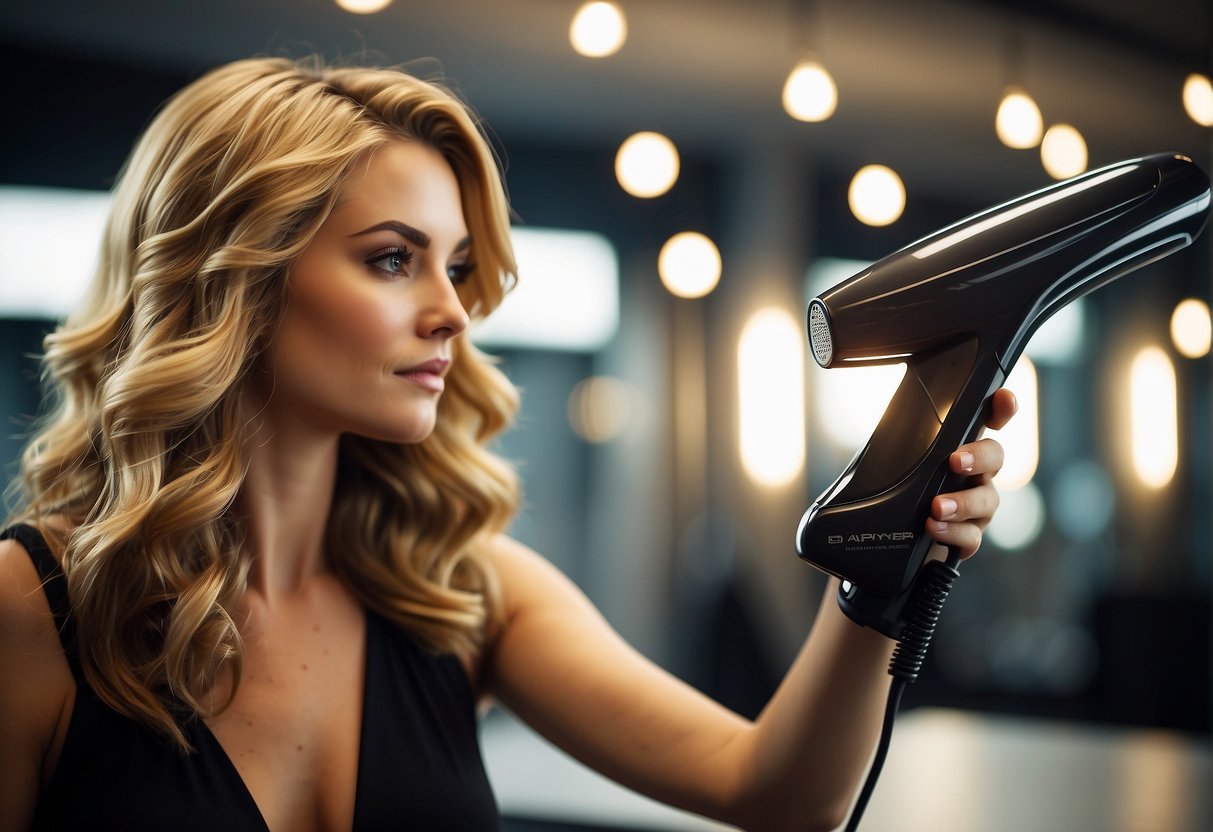 A hand holding a hair straightener, moving it in a twisting motion along a section of hair, creating curls