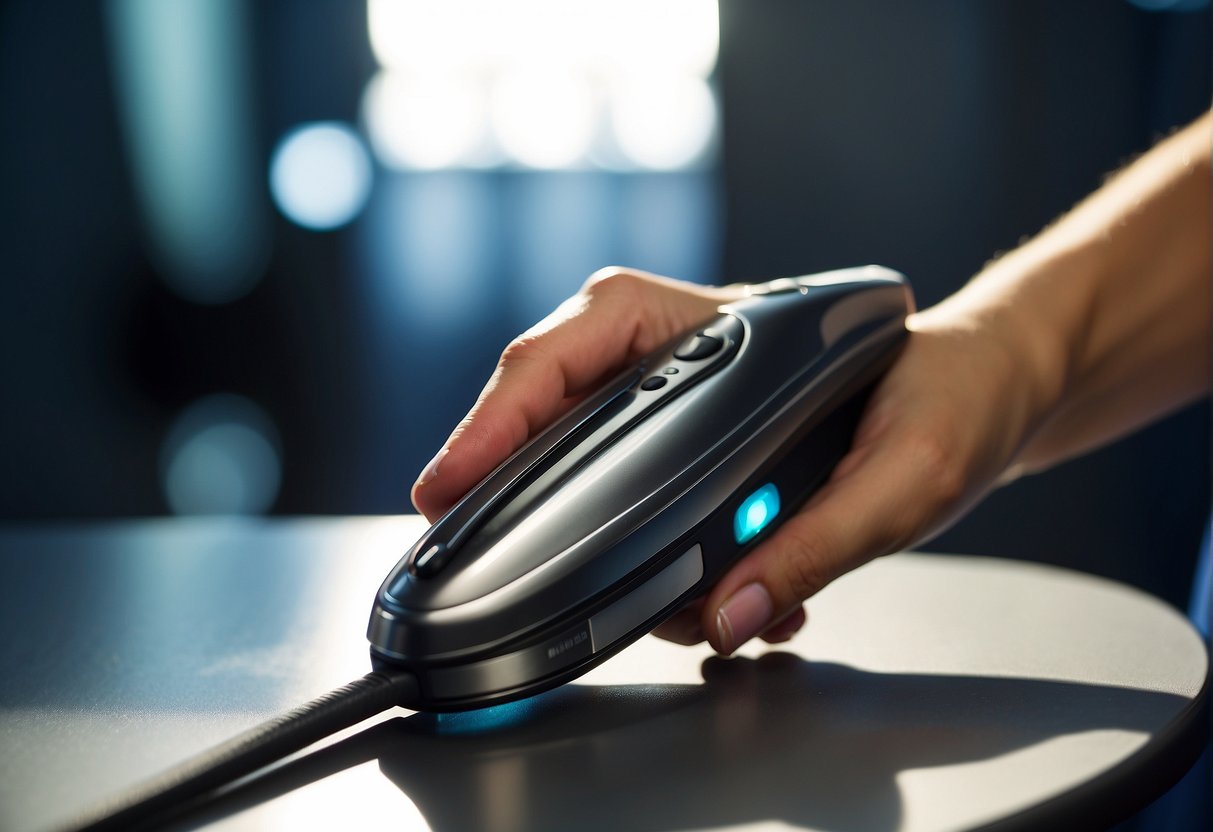 A hand holds a hair straightener, twisting a strand of hair to create curls. The tool's plates press against the hair, emitting heat