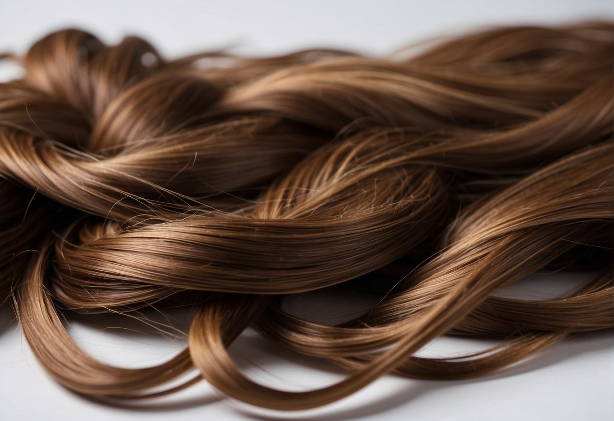 A pile of brown hair lies on a white surface, with strands flowing in different directions