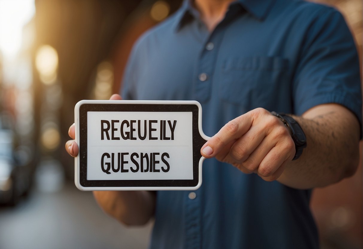 A person pointing to a sign that reads "Frequently Asked Questions" with the words "cómo se dice pelo en inglés" underneath