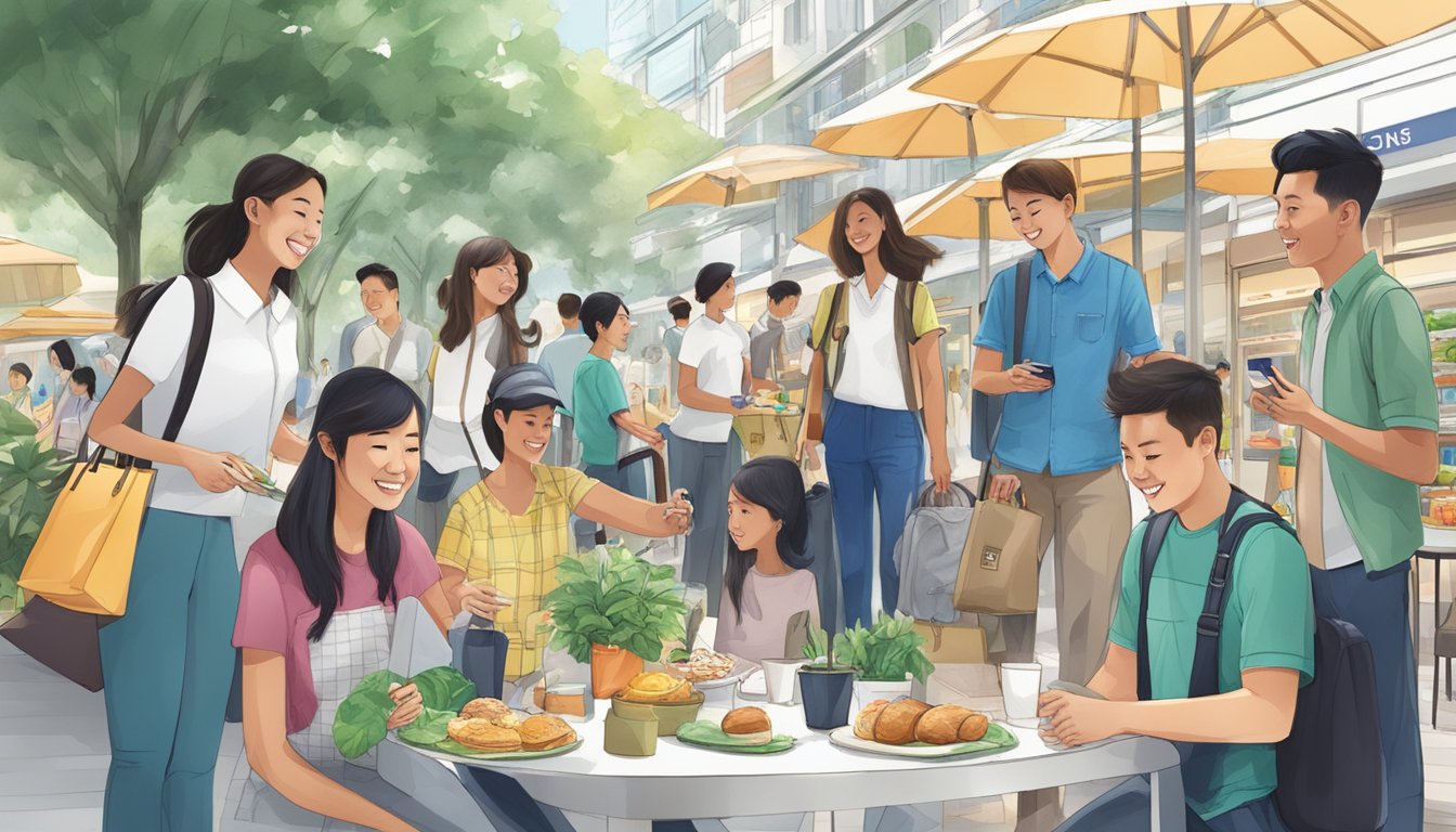 A diverse group of people in Singapore engaging in various activities, such as shopping, dining, and traveling, while earning and redeeming rewards through the Standard Chartered 360° Rewards Programme