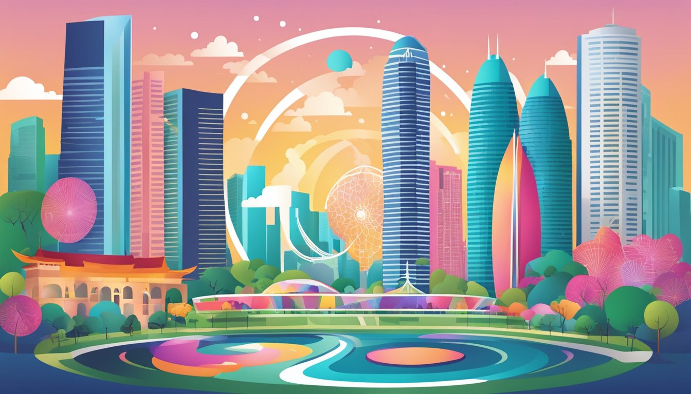 A vibrant cityscape with iconic Singapore landmarks, surrounded by a circular pattern representing the 360 rewards program
