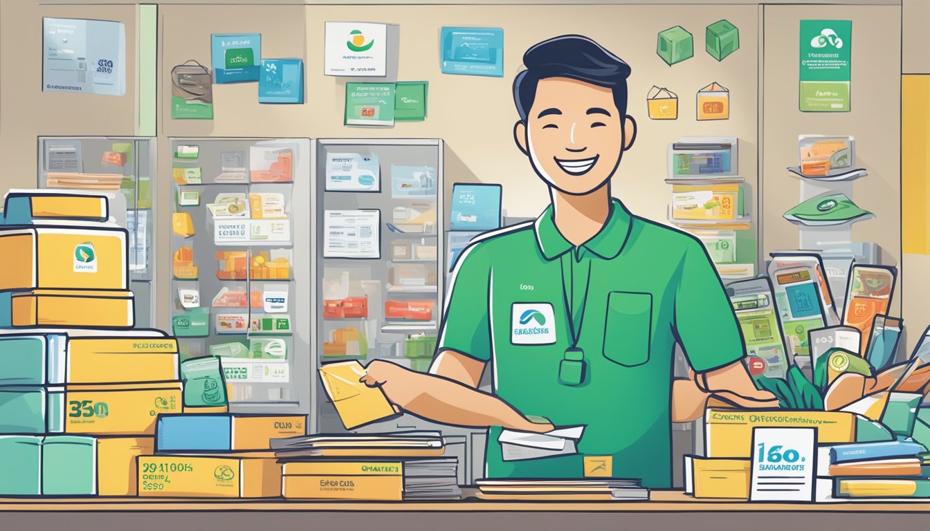A smiling customer holds a stack of vouchers, surrounded by various products and services, representing the wide range of rewards available through Standard Chartered 360 Rewards in Singapore