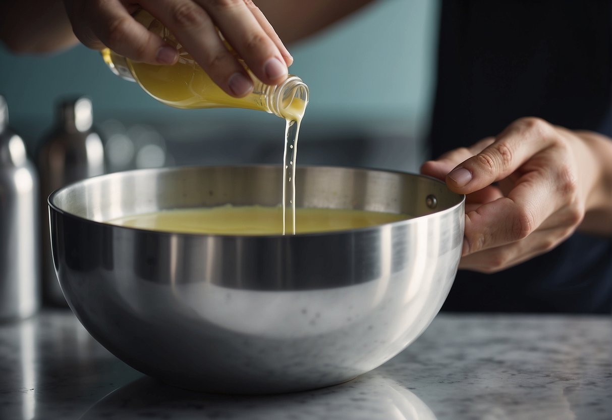 A person pouring a bottle of hair lightening solution into a mixing bowl