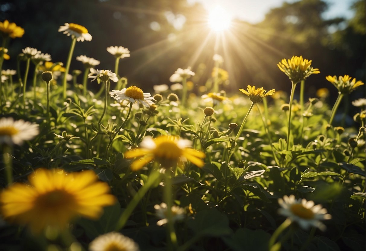 Sunlight filters through a lush garden, illuminating a variety of natural ingredients like lemon, honey, and chamomile, all used for lightening hair