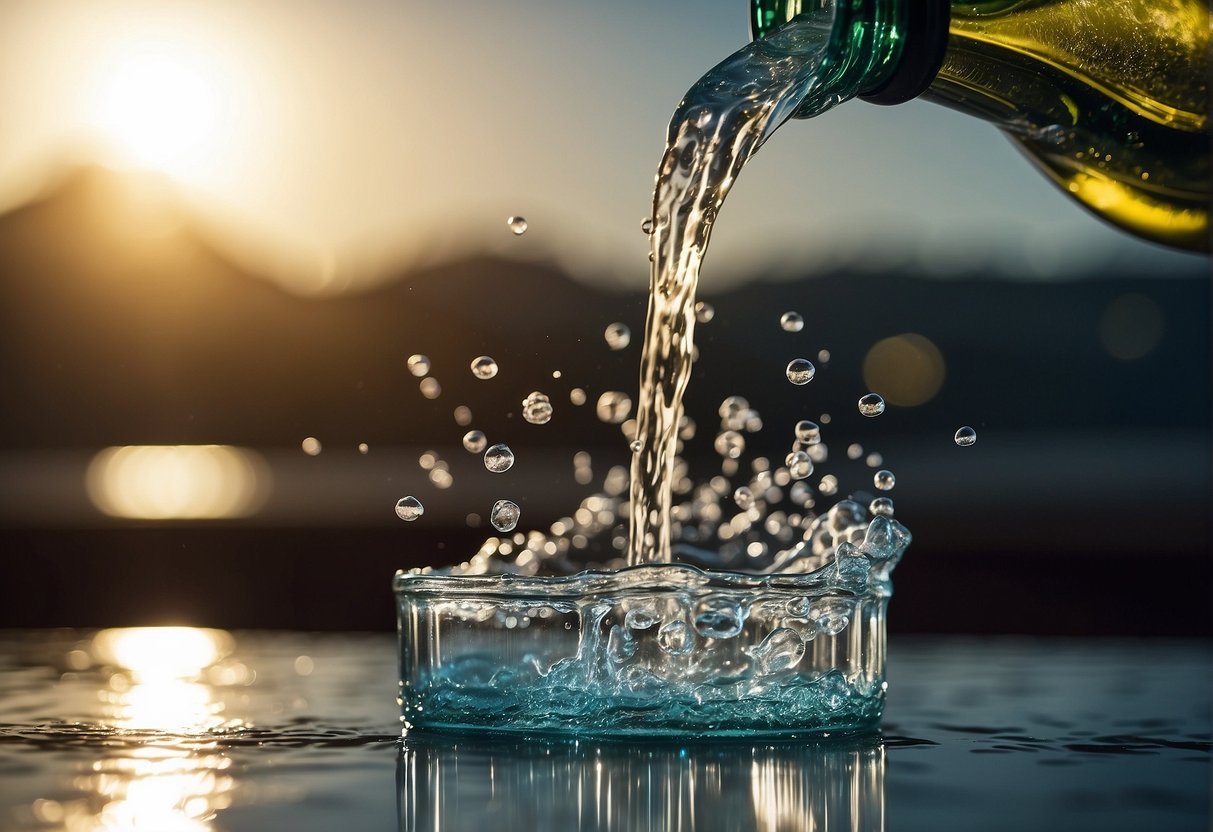 A bottle of hair clarifying shampoo being poured into a clear glass of water, with bubbles and foam forming on the surface