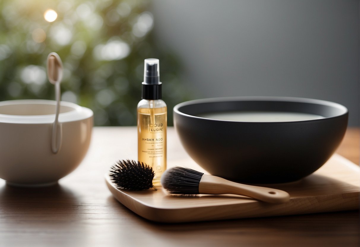 A bottle of hair lightening product sits next to a bowl and brush on a clean, well-lit surface