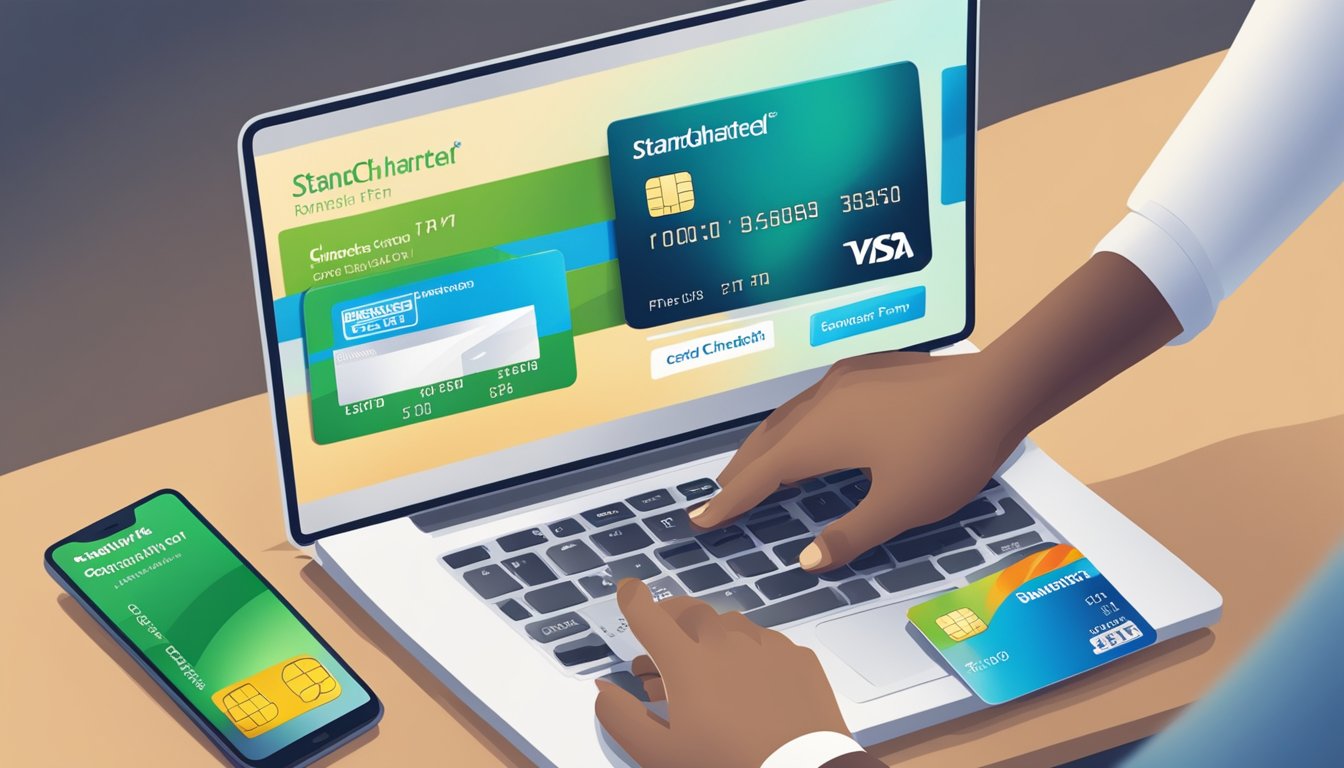 A person transferring funds from one credit card to another, using a laptop and a standard chartered balance transfer form