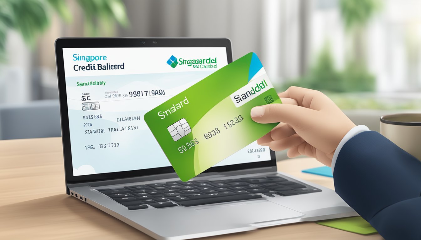 A hand holding a Singapore credit card, with a laptop displaying "Standard Chartered Balance Transfer" and "Eligibility and Application" on the screen