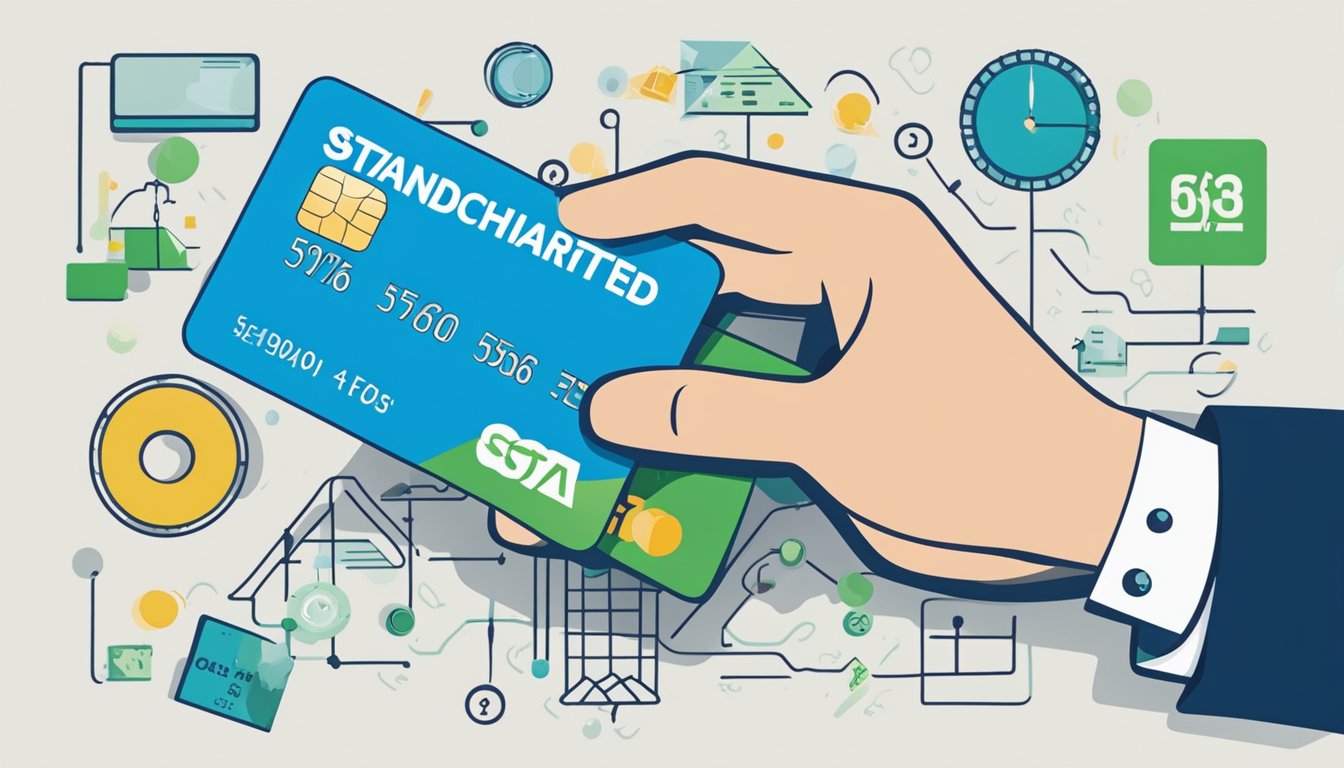 A hand holding a credit card with "Standard Chartered" logo, surrounded by various interest rate and fee percentages in bold, contrasting colors