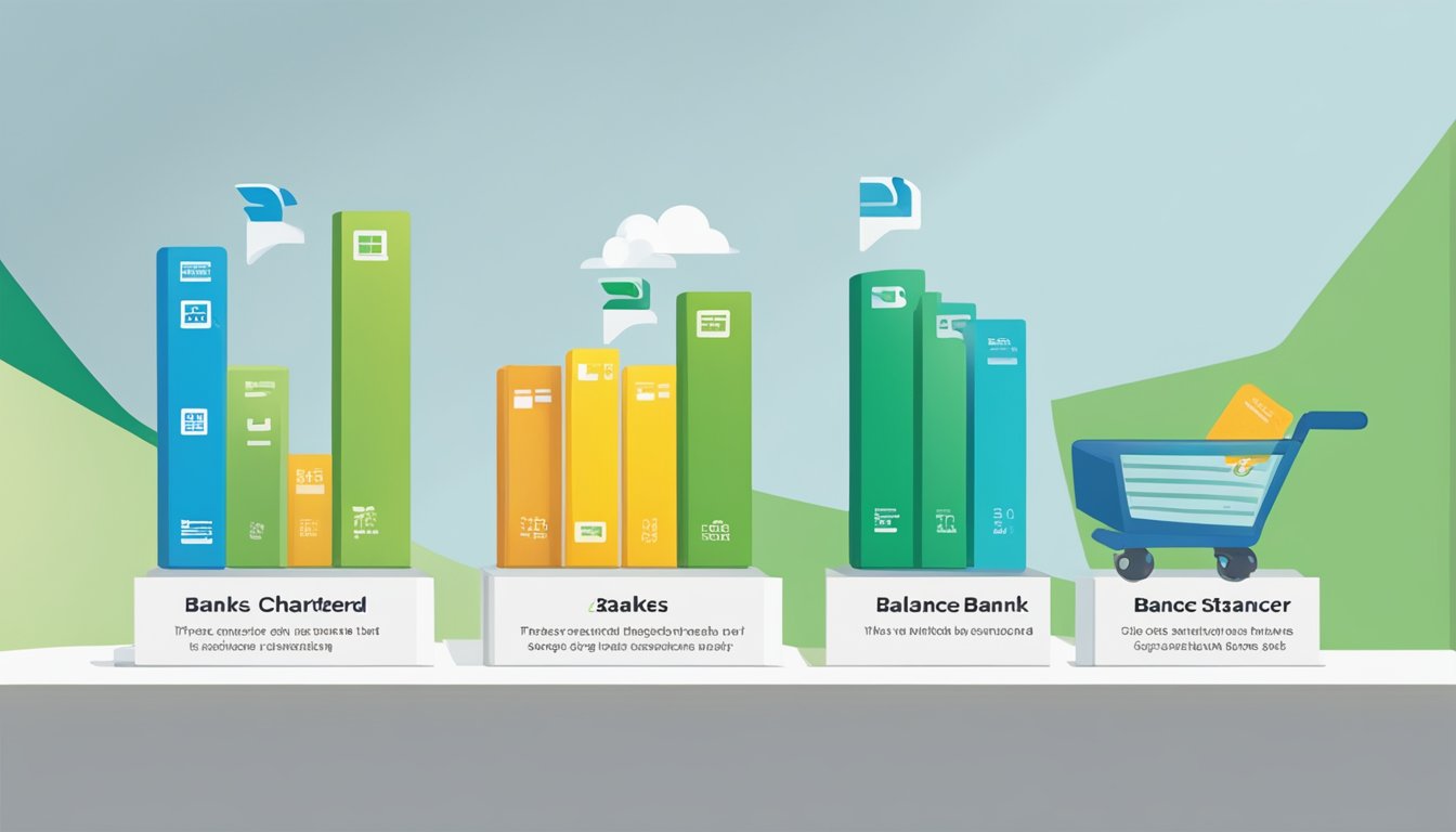 Two banks, Standard Chartered and a competitor, side by side. A scale with a higher balance on the Standard Chartered side. Text reading "balance transfer" above each bank