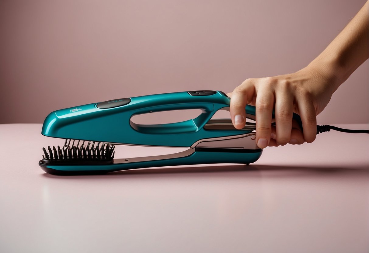 A hand holding a hair straightener, with a bottle of smoothing serum and a comb nearby on a flat surface
