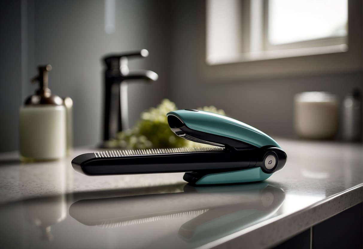 A woman's hand holding a hair straightener, with a bottle of smoothing serum and a comb nearby on a bathroom counter