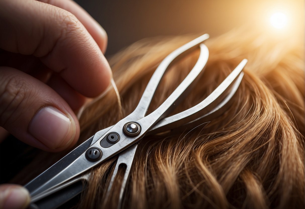 A pair of scissors cutting through layers of hair, with hair sections being held and combed for precision