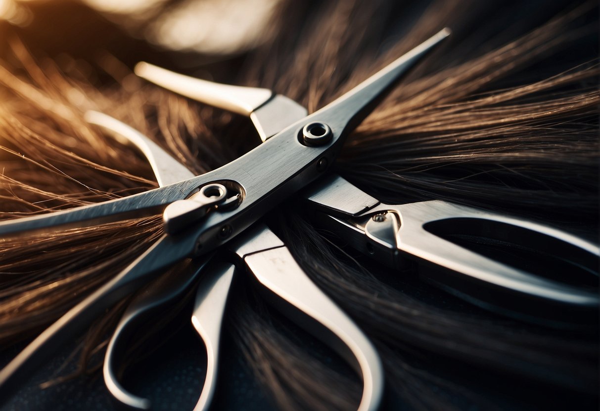 A pair of scissors cutting through layers of hair, creating a textured and layered look