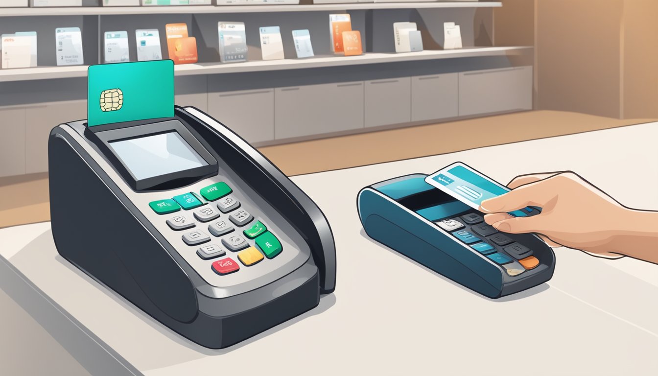 A sleek, modern bank card is being swiped through a card reader at a stylish, well-lit bank branch in Singapore