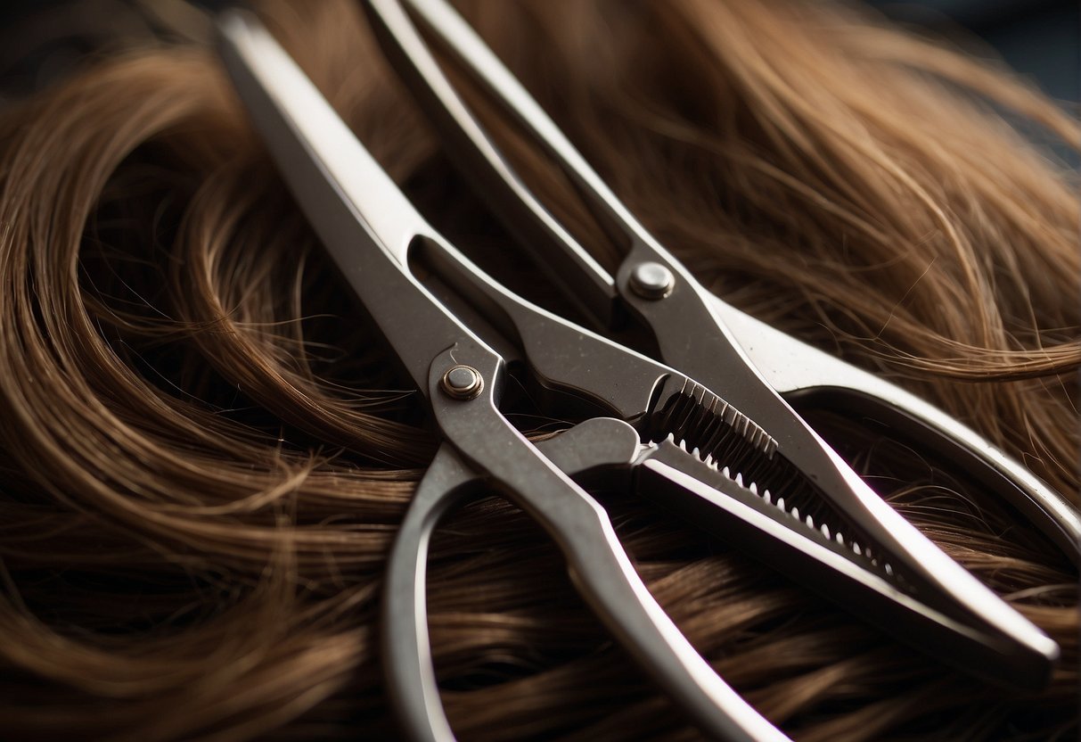 A pair of scissors cutting through layers of hair, with a comb guiding the hair into sections