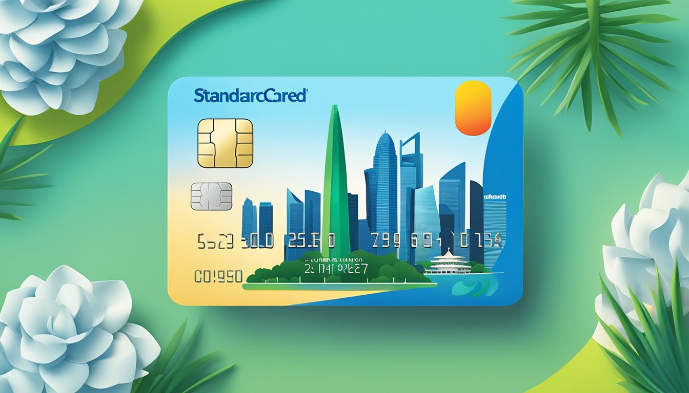 A sleek and modern credit card with the Standard Chartered Bank logo, set against a backdrop of iconic Singapore landmarks
