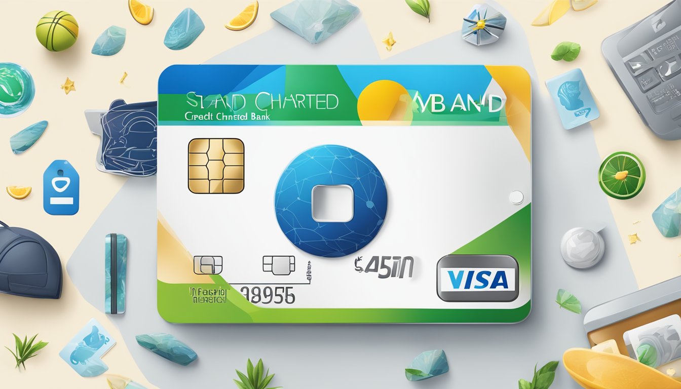 A luxurious, sleek credit card with the Standard Chartered Bank logo, surrounded by icons representing travel, dining, and lifestyle rewards