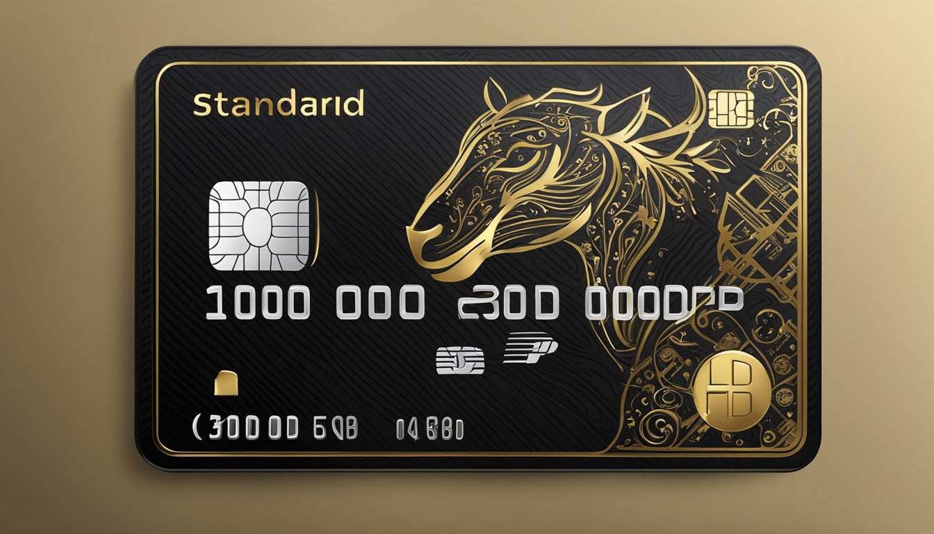 A luxurious black and gold credit card surrounded by elegant financial icons and symbols, with the Standard Chartered Bank logo prominently displayed