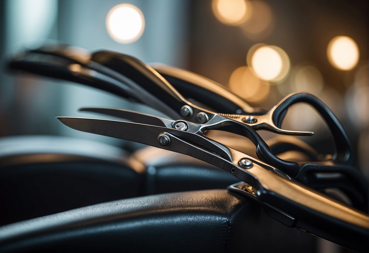 A pair of scissors cutting through layers of hair on a salon chair