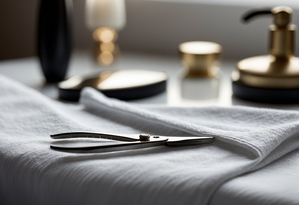 A pair of scissors and a comb lay on a clean, white towel next to a neatly folded cape. A mirror reflects the bright, well-lit salon, ready for a layering haircut
