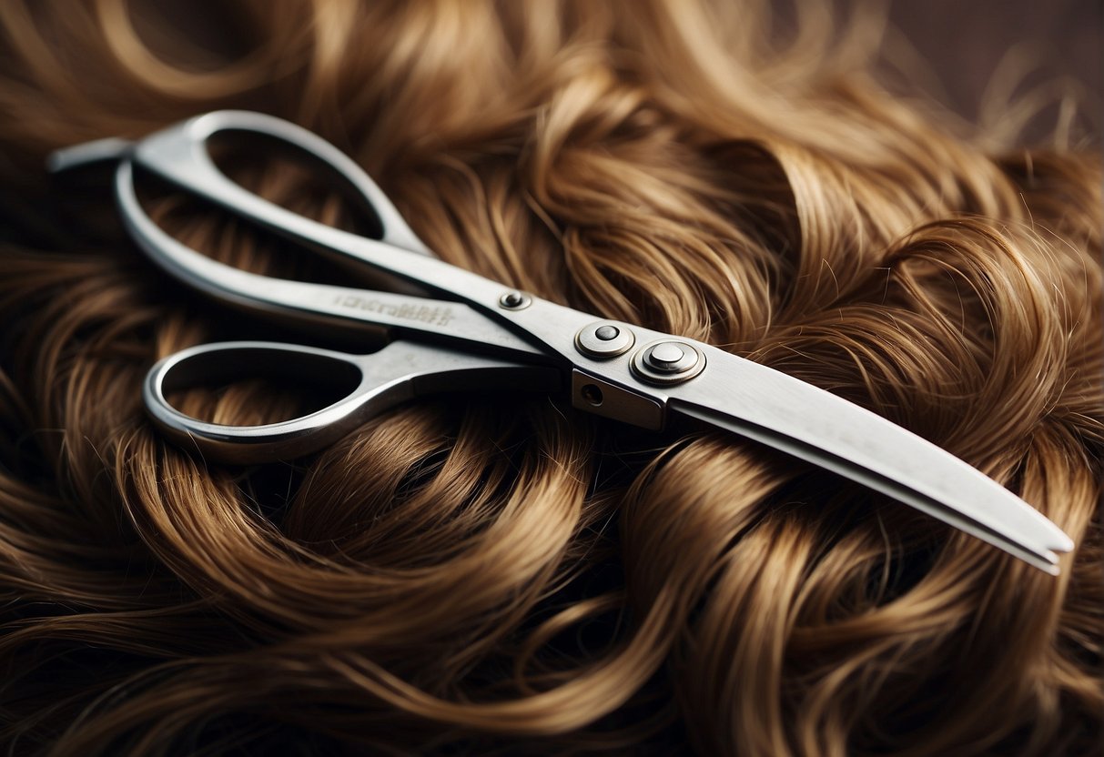 A pair of scissors cutting through layers of hair, creating a textured and layered haircut