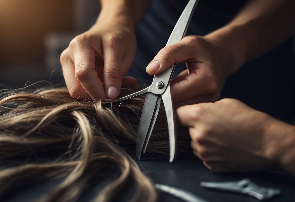 A pair of hands holding scissors and cutting through layers of hair, with a FAQ banner in the background