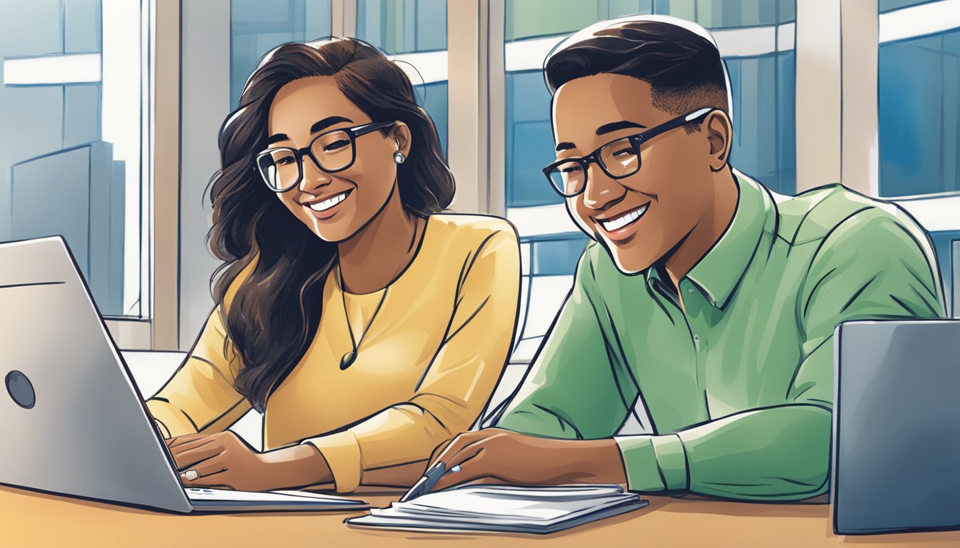 A couple sits together, smiling, as they review their joint account benefits with Standard Chartered Bank. The bank's logo is prominently displayed, conveying trust and security