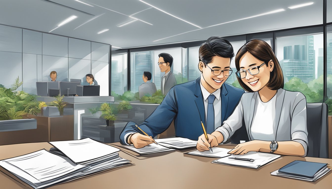 A couple sits at a desk in a bank, signing paperwork for a joint account at Standard Chartered Bank in Singapore. The banker smiles as they complete the process