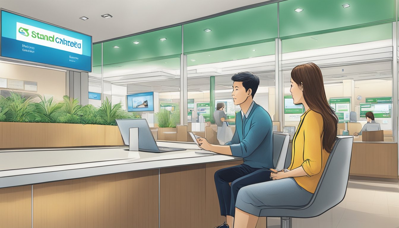A couple discussing account features at a Standard Chartered Bank branch in Singapore