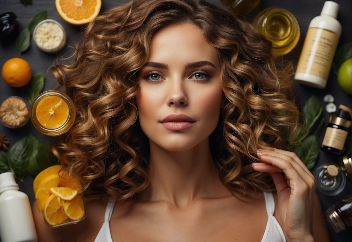 A woman's hair being nourished by natural oils and vitamins, surrounded by strengthening products and tools