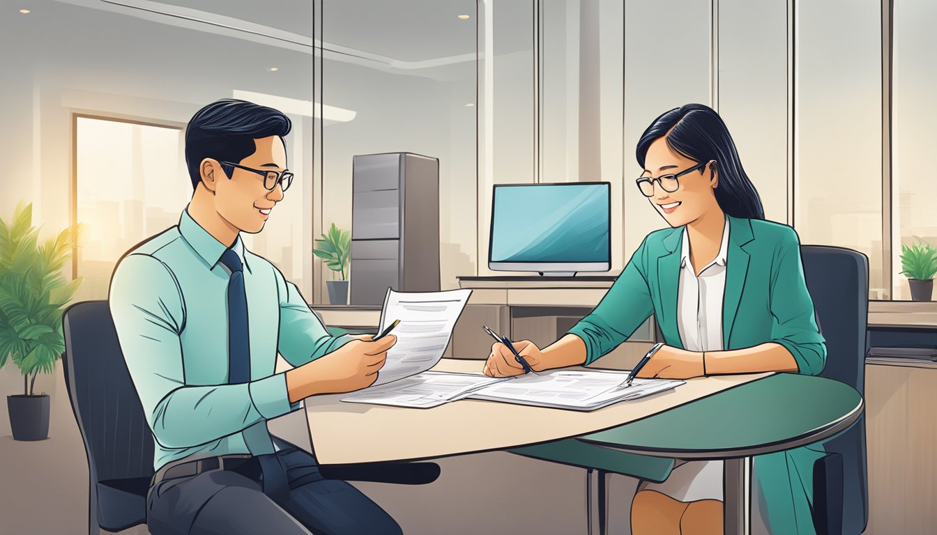 A couple sits at a desk, signing documents for a joint account at Standard Chartered Bank in Singapore. The bank representative answers their frequently asked questions